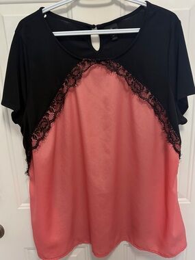 Black and Coral Lace Trim Short Sleeve Blouse